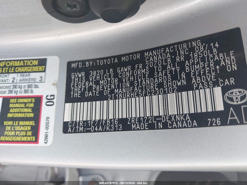 2015 TOYOTA COROLLA LE - 2T1BURHE5FC230102