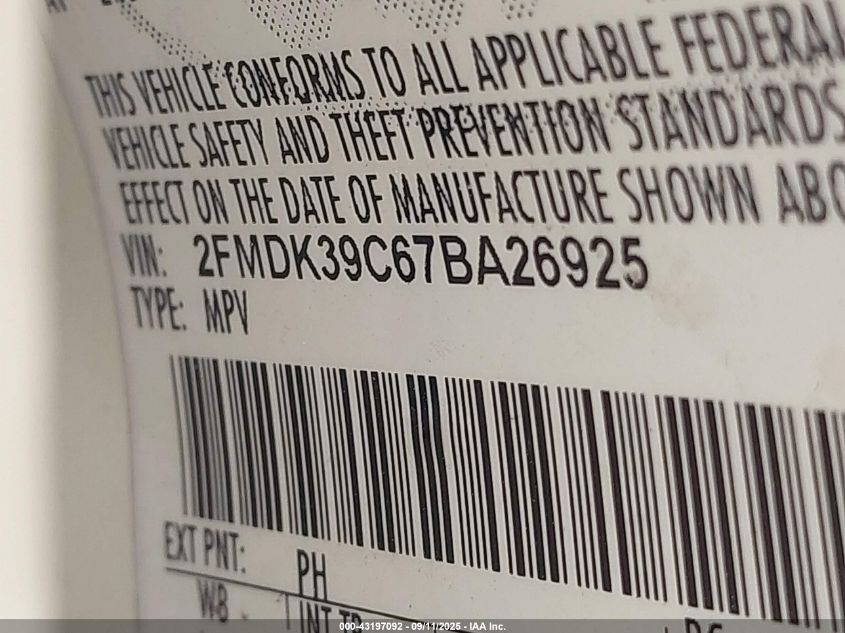 2007 Ford Edge Sel Plus VIN: 2FMDK39C67BA26925 Lot: 43197092