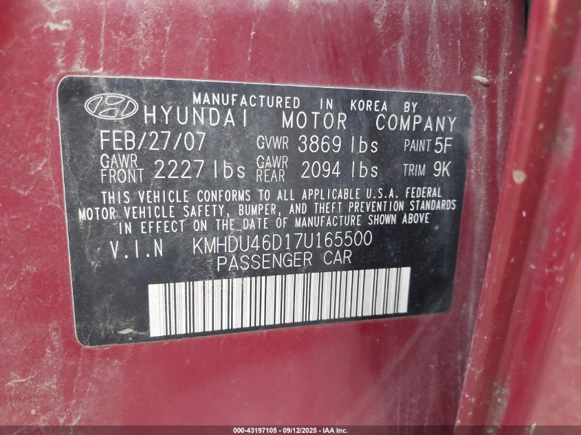 2007 Hyundai Elantra Gls/Limited/Se VIN: KMHDU46D17U165500 Lot: 43197105