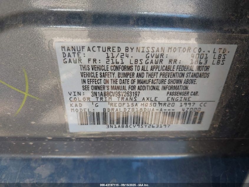 2025 Nissan Sentra Sv VIN: 3N1AB8CV9SY263197 Lot: 43197115