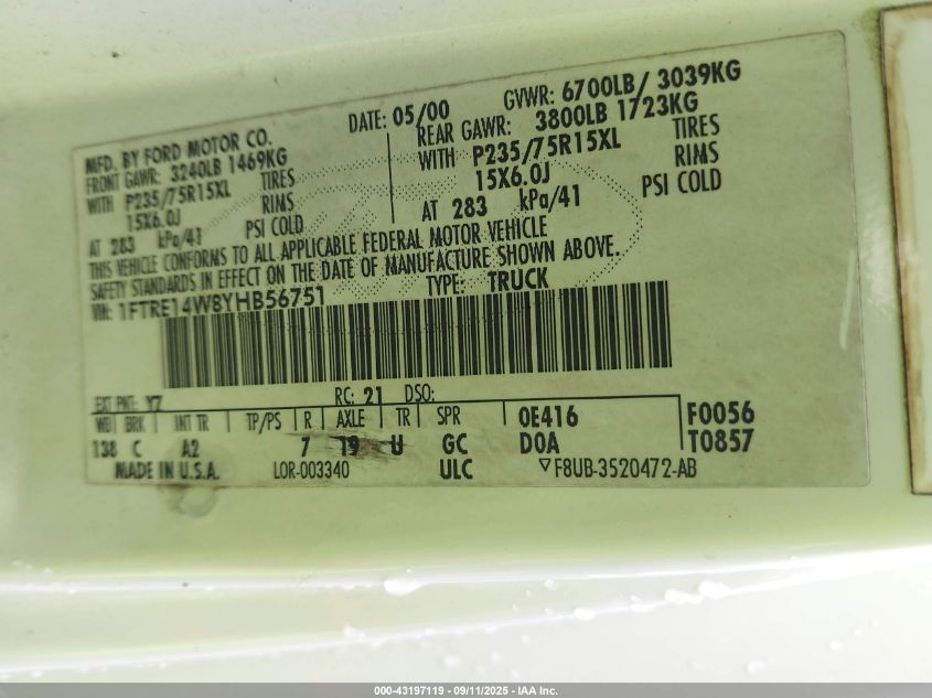 2000 Ford E-150 Commercial/Recreational VIN: 1FTRE14W8YHB56751 Lot: 43197119