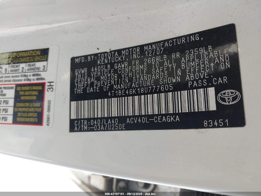 2008 Toyota Camry Xle VIN: 4T1BE46K18U777605 Lot: 43197151