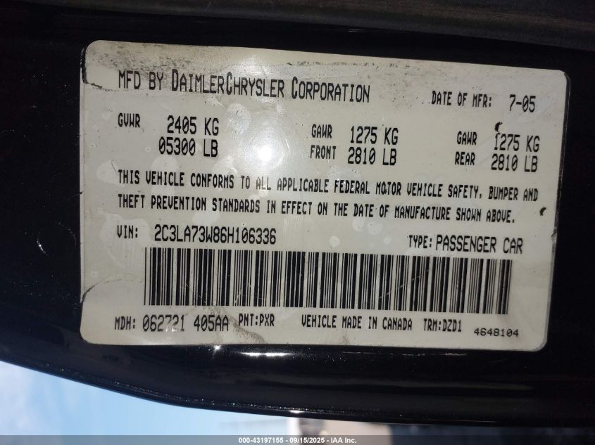 2006 Chrysler 300C Srt8 VIN: 2C3LA73W86H106336 Lot: 43197155