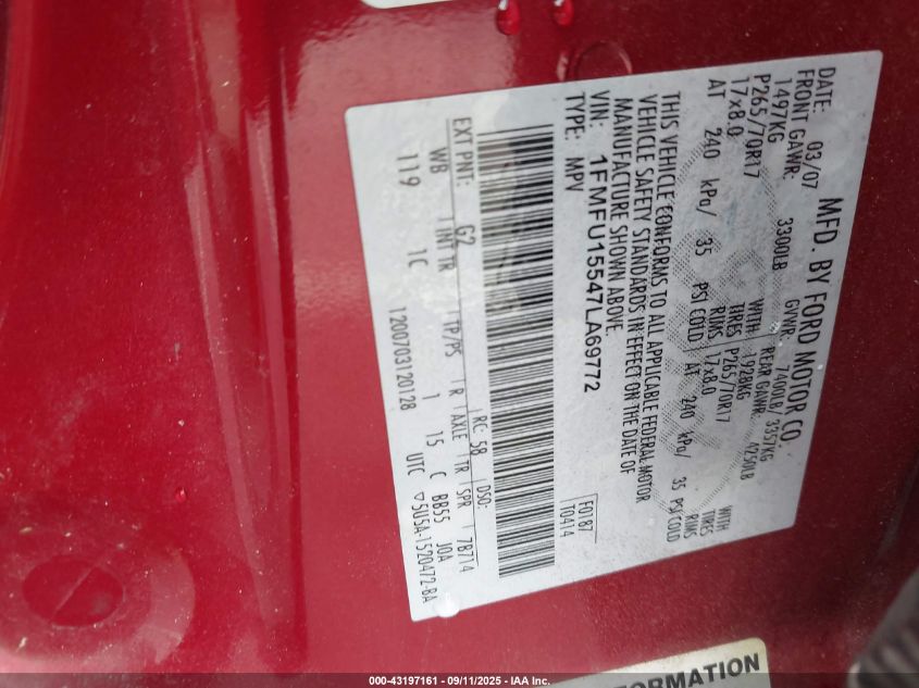 2007 Ford Expedition Xlt VIN: 1FMFU15547LA69772 Lot: 43197161