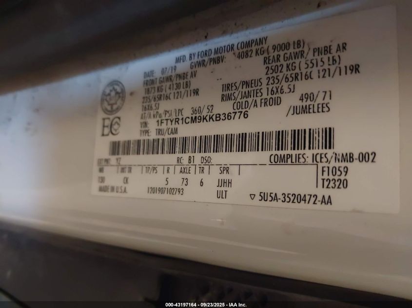 2019 Ford Transit-250 VIN: 1FTYR1CM9KKB36776 Lot: 43197164