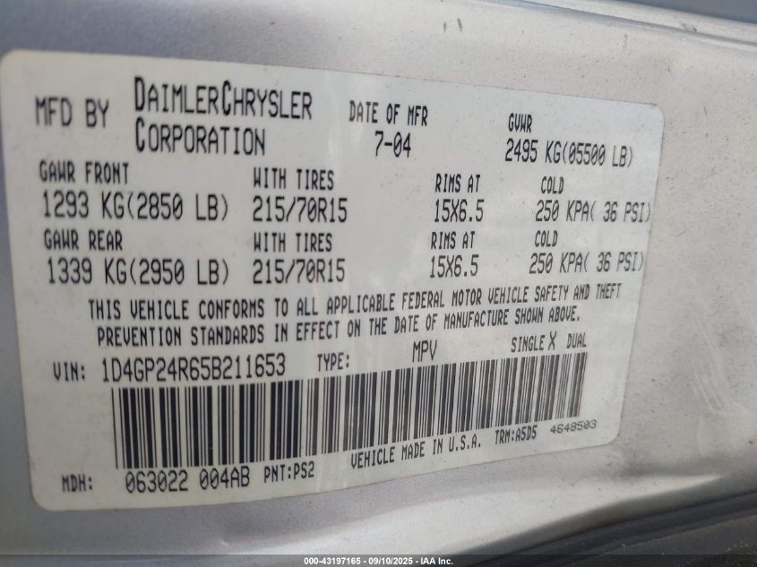 2005 Dodge Grand Caravan Se VIN: 1D4GP24R65B211653 Lot: 43197165