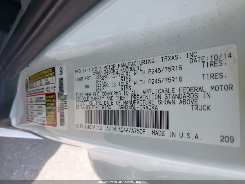 2015 Toyota Tacoma Access Cab/Trd Pro VIN: 5TFUU4EN7FX119150 Lot: 43197183