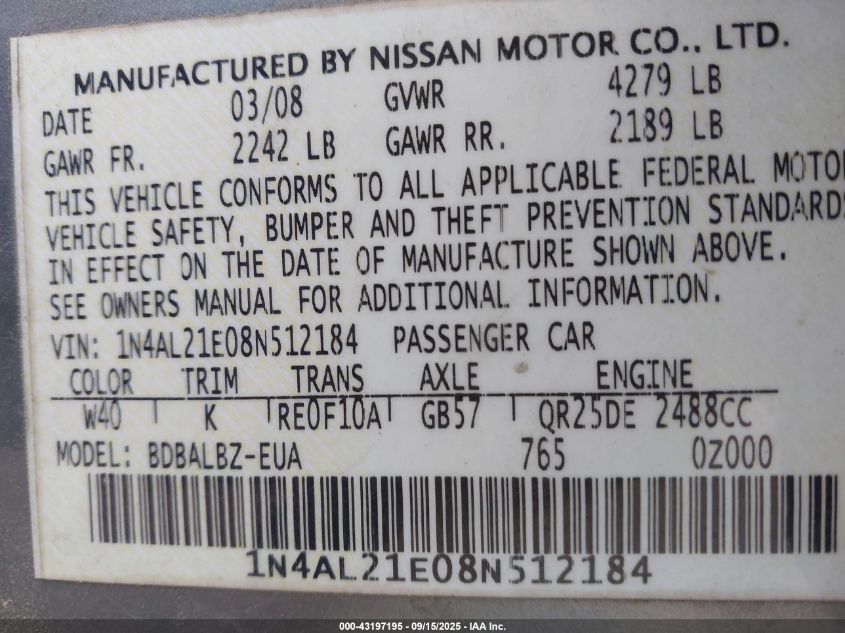 2008 Nissan Altima 2.5 S VIN: 1N4AL21E08N512184 Lot: 43197195