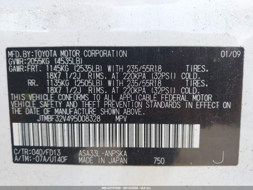 2009 Toyota Rav4 Sport VIN: JTMBF32V495008328 Lot: 43197209