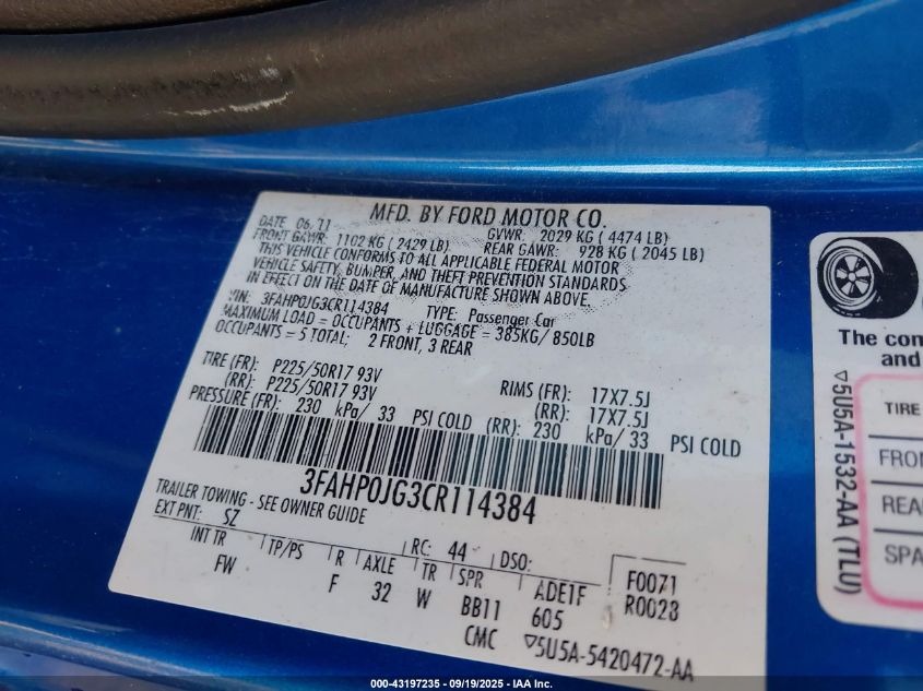 2012 Ford Fusion Sel VIN: 3FAHP0JG3CR114384 Lot: 43197235