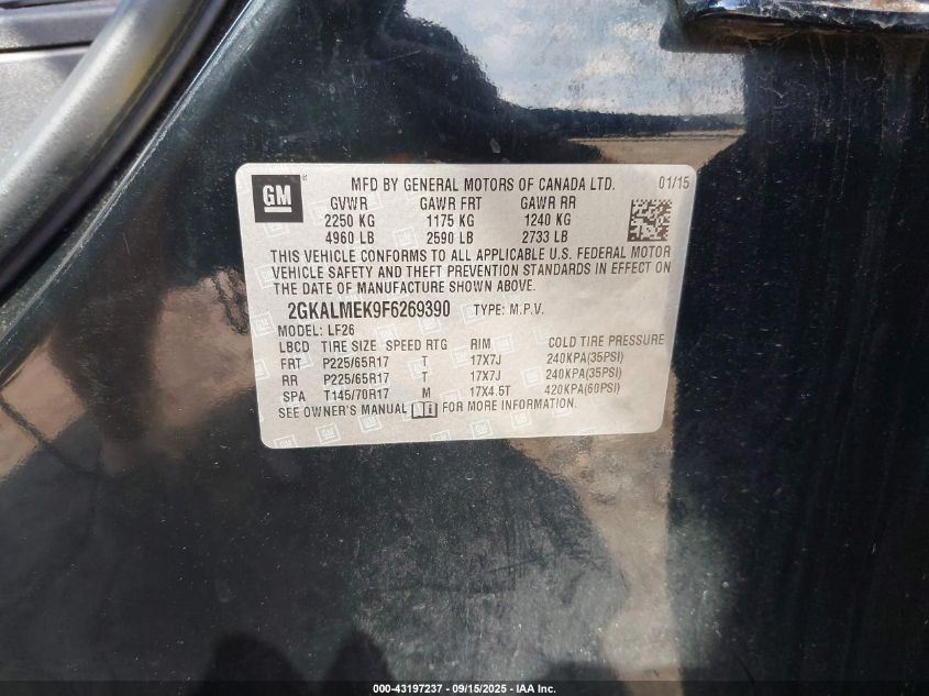 2015 GMC Terrain Sle-1 VIN: 2GKALMEK9F6269390 Lot: 43197237