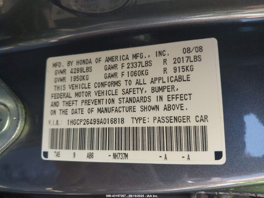 2009 Honda Accord 2.4 Lx-P VIN: 1HGCP26499A016818 Lot: 43197267