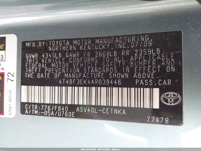 2010 Toyota Camry Le VIN: 4T4BF3EK4AR039446 Lot: 43197328