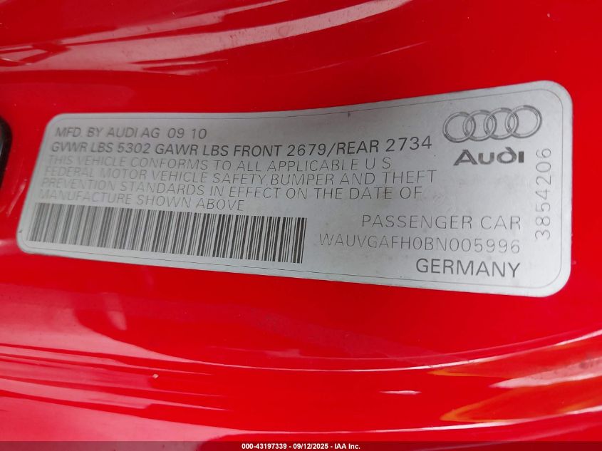 2011 Audi S5 Prestige VIN: WAUVGAFH0BN005996 Lot: 43197339