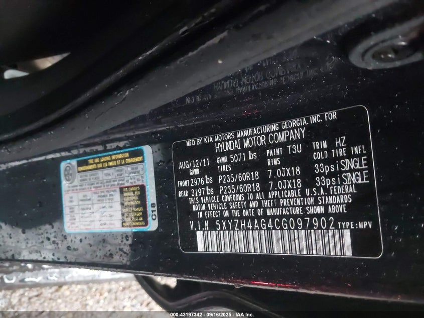 2012 Hyundai Santa Fe Se VIN: 5XYZH4AG4CG097902 Lot: 43197342