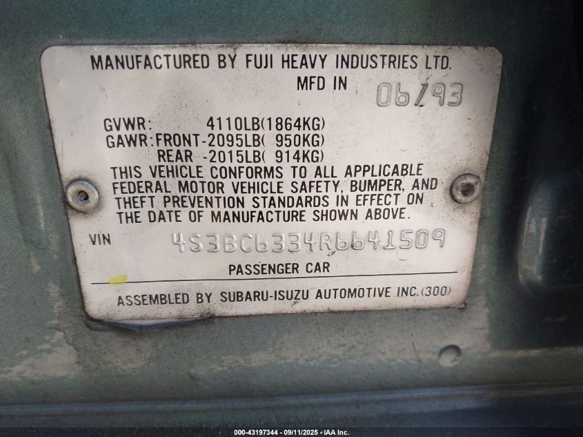 1994 Subaru Legacy L VIN: 4S3BC6334R6641509 Lot: 43197344