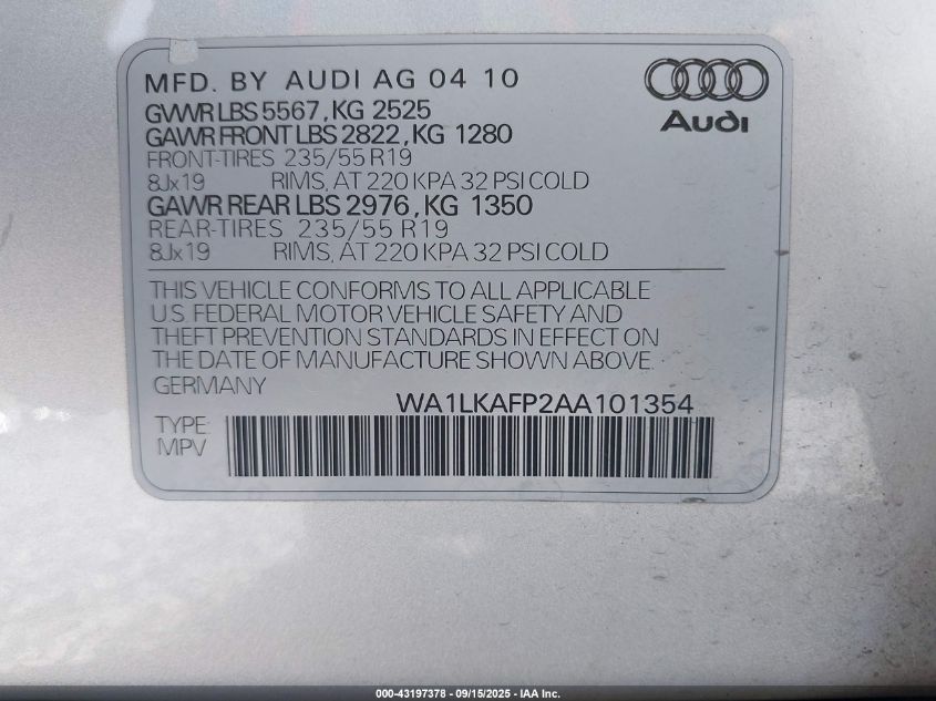2010 Audi Q5 3.2 Premium VIN: WA1LKAFP2AA101354 Lot: 43197378