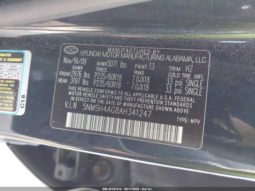 2010 Hyundai Santa Fe Se VIN: 5NMSH4AG8AH341247 Lot: 43197414