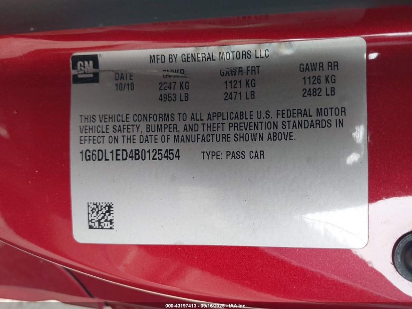 2011 Cadillac Cts Performance VIN: 1G6DL1ED4B0125454 Lot: 43197413