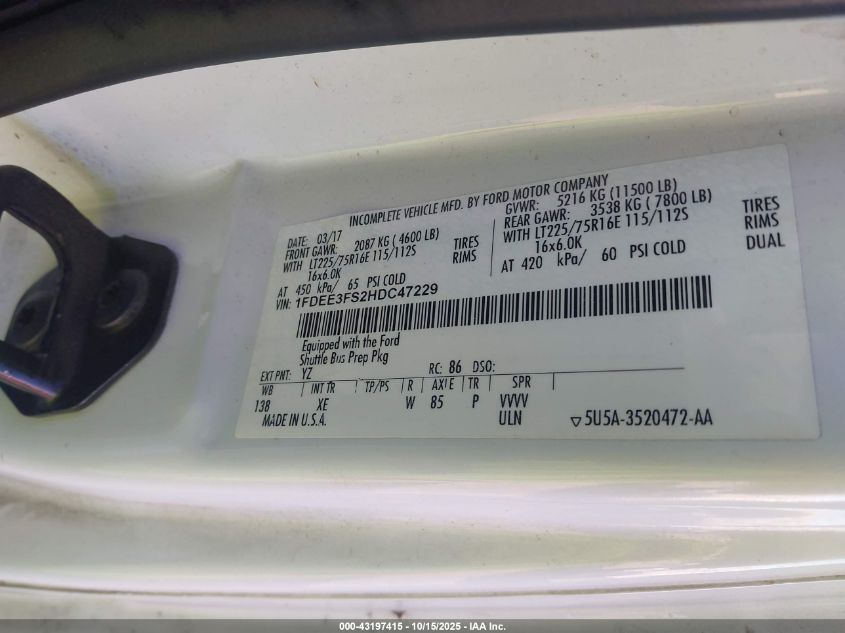 2017 Ford E-350 Cutaway VIN: 1FDEE3FS2HDC47229 Lot: 43197415