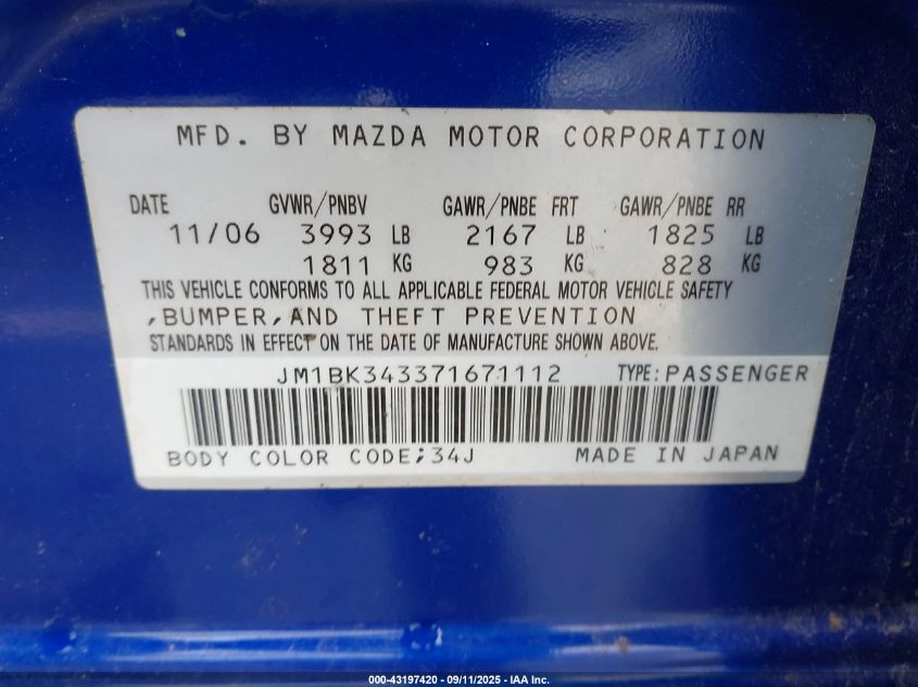 2007 Mazda Mazda3 S Touring VIN: JM1BK343371671112 Lot: 43197420