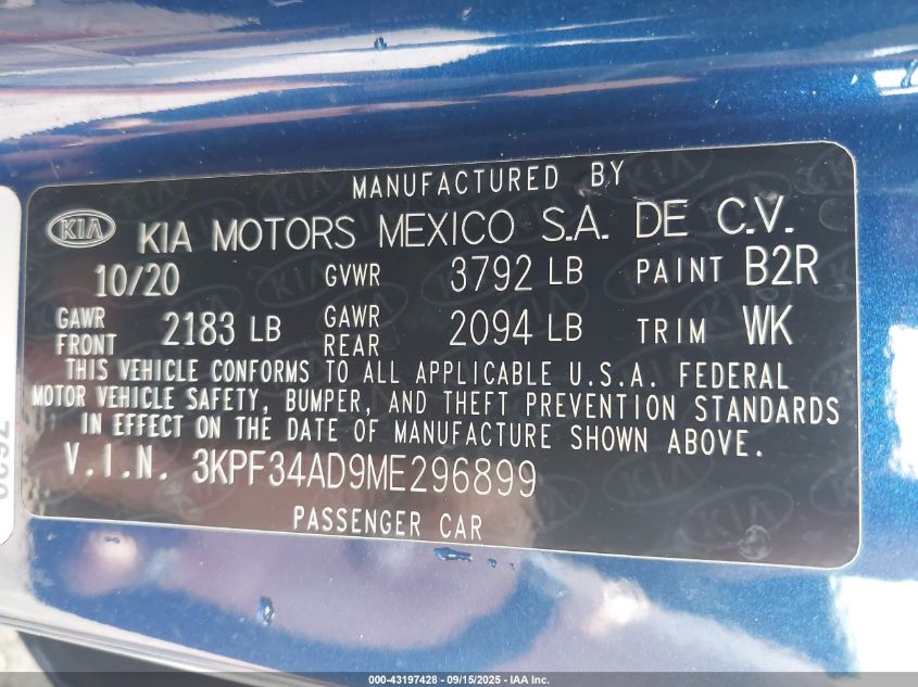 2021 Kia Forte Gt-Line VIN: 3KPF34AD9ME296899 Lot: 43197428