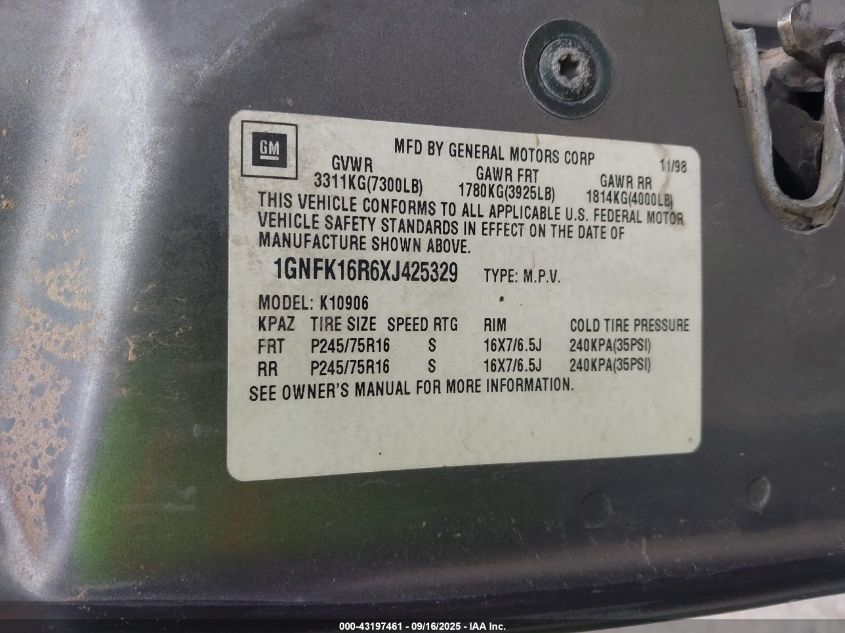 1999 Chevrolet Suburban 1500 Lt VIN: 1GNFK16R6XJ425329 Lot: 43197461