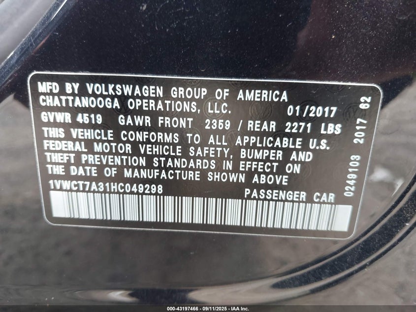 2017 VOLKSWAGEN PASSAT 1.8T SEL PREMIUM 1VWCT7A31HC049298