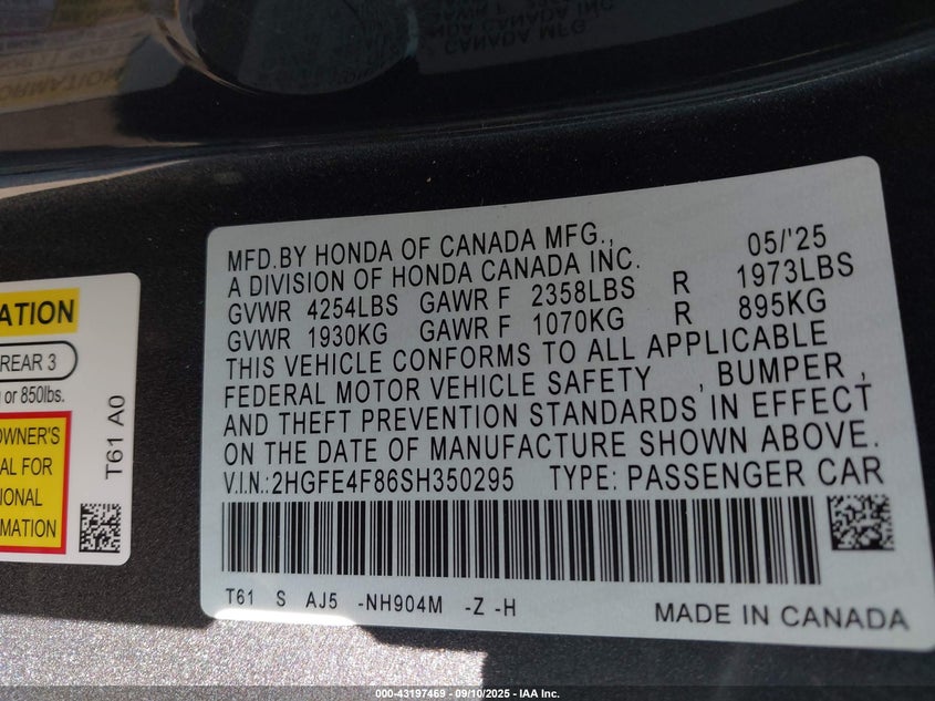 2025 HONDA CIVIC HYBRID SPORT/SPORT TOURING - 2HGFE4F86SH350295