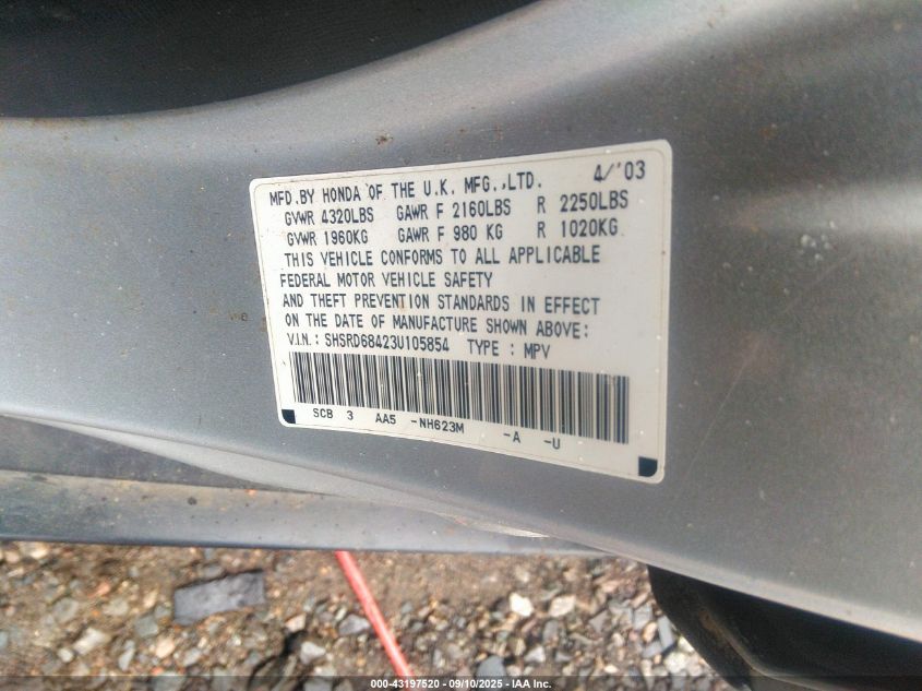 2003 Honda Cr-V Lx VIN: SHSRD68423U105854 Lot: 43197520