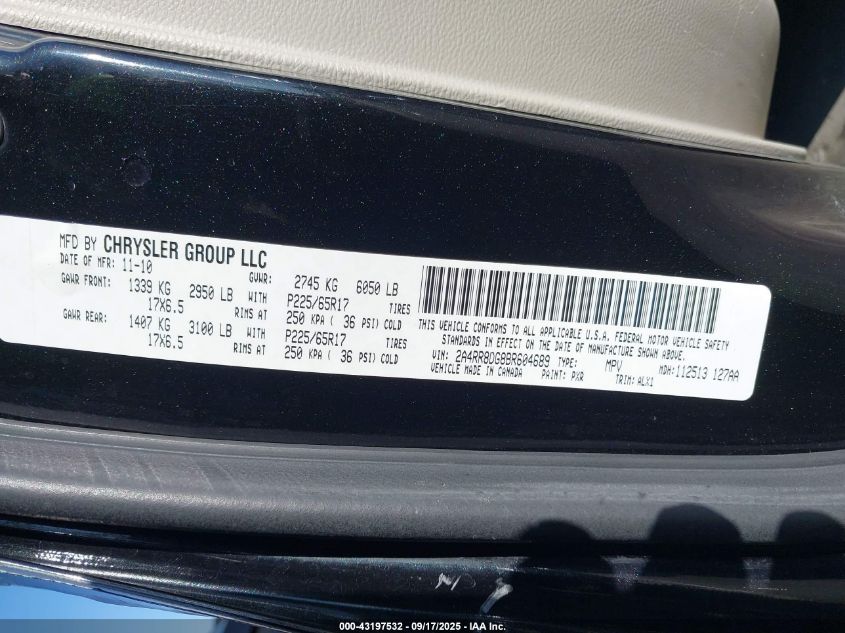 2011 Chrysler Town & Country Touring-L VIN: 2A4RR8DG8BR604689 Lot: 43197532