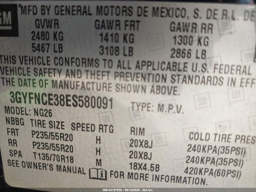 2014 Cadillac Srx Performance Collection VIN: 3GYFNCE38ES580091 Lot: 43197538