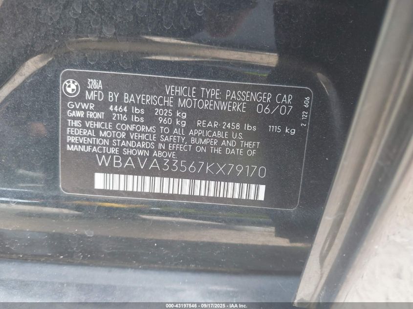 2007 BMW 328I VIN: WBAVA33567KX79170 Lot: 43197546