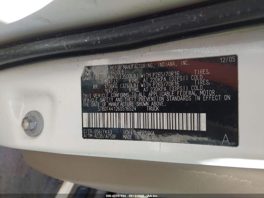 2006 Toyota Tundra Sr5 V8 VIN: 5TBDT44126S516524 Lot: 43197554