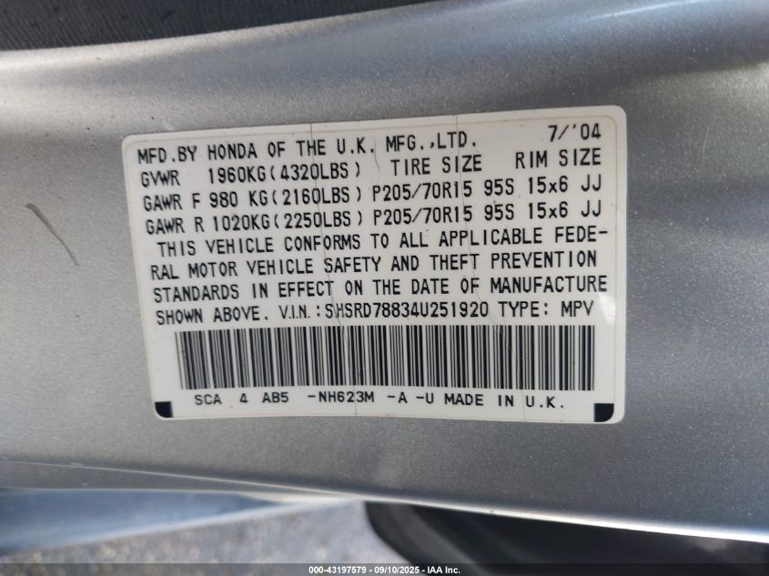 2004 Honda Cr-V Ex VIN: SHSRD78834U251920 Lot: 43197579