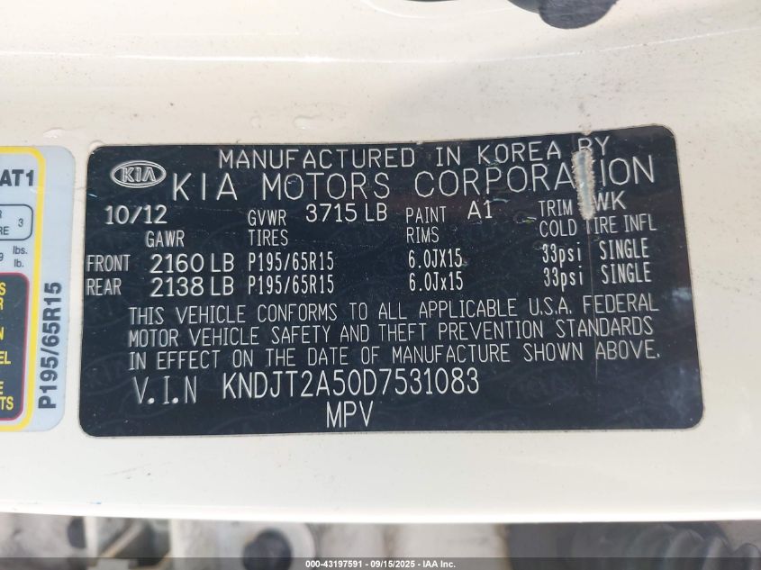 2013 Kia Soul VIN: KNDJT2A50D7531083 Lot: 43197591