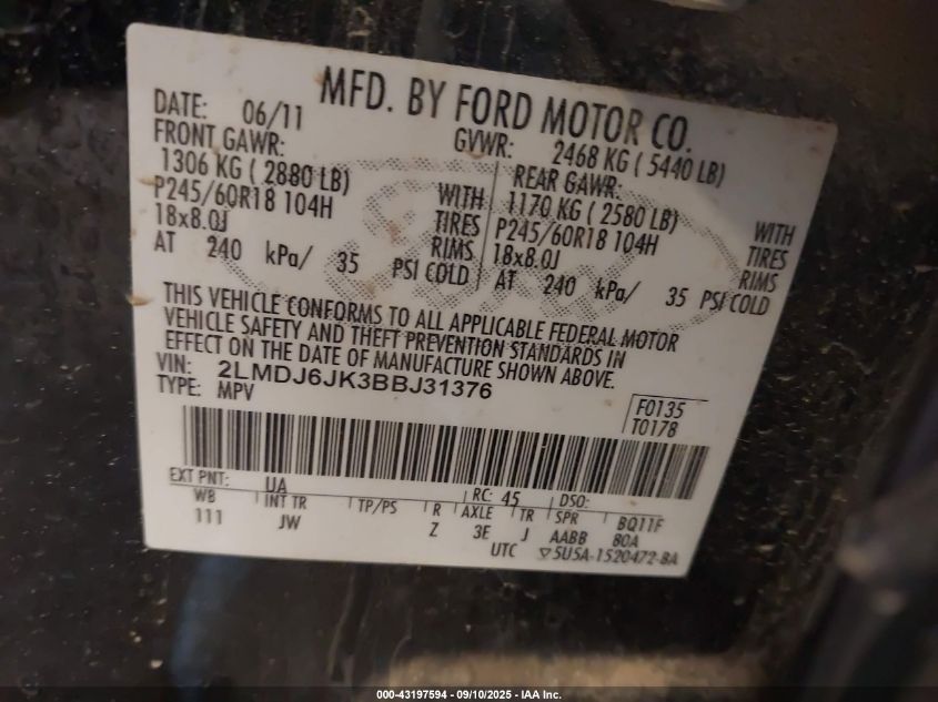 2011 Lincoln Mkx VIN: 2LMDJ6JK3BBJ31376 Lot: 43197594