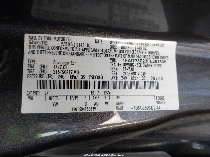 2015 Ford Focus Se VIN: 1FADP3F23FL281506 Lot: 43197662