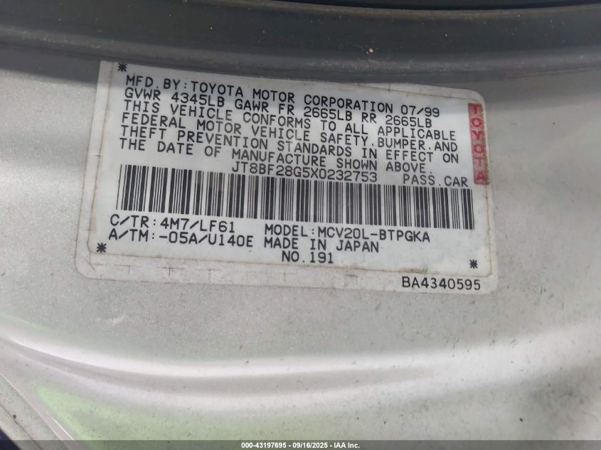 1999 Lexus Es 300 VIN: JT8BF28G5X0232753 Lot: 43197695