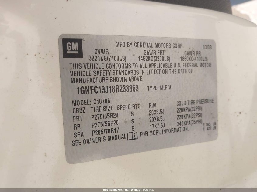 2008 Chevrolet Tahoe Ltz VIN: 1GNFC13J18R233363 Lot: 43197704