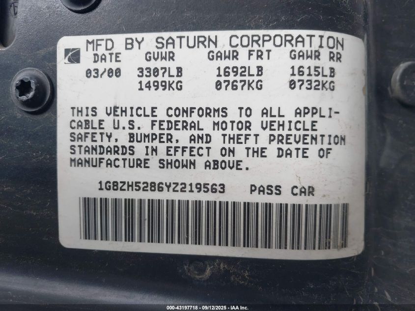 2000 Saturn Sl1 VIN: 1G8ZH5286YZ219563 Lot: 43197718