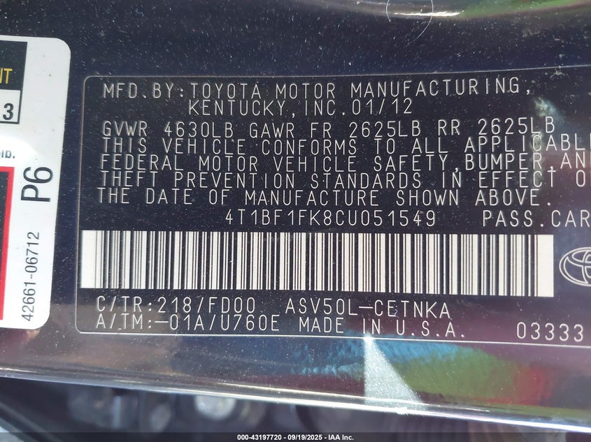 2012 Toyota Camry Le VIN: 4T1BF1FK8CU051549 Lot: 43197720