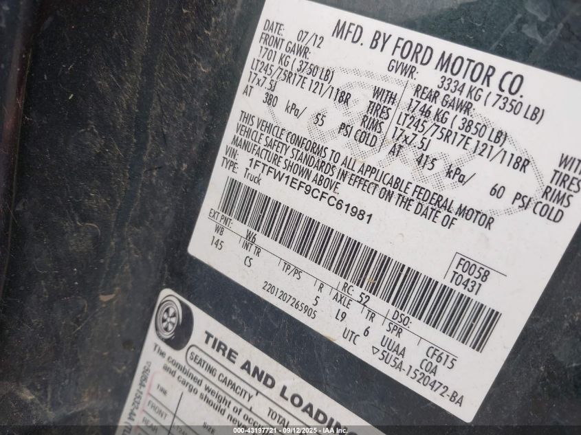 2012 Ford F-150 Xl VIN: 1FTFW1EF9CFC61981 Lot: 43197721