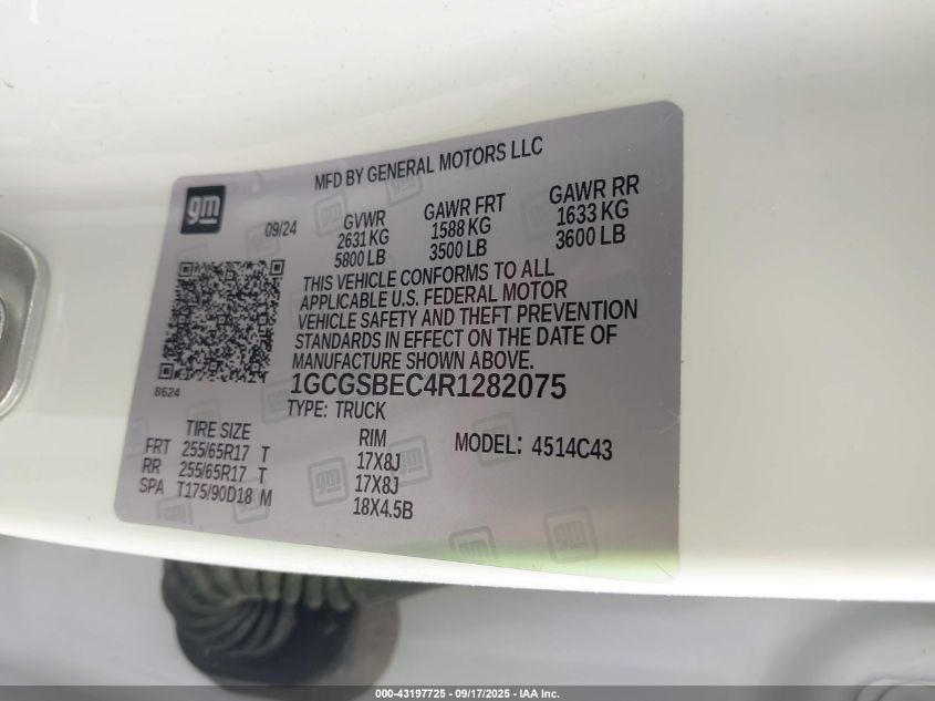 2024 Chevrolet Colorado 2Wd Wt VIN: 1GCGSBEC4R1282075 Lot: 43197725