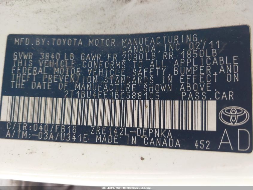 2011 Toyota Corolla Le VIN: 2T1BU4EE1BC588105 Lot: 43197760