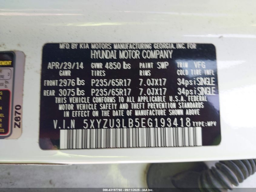 2014 Hyundai Santa Fe Sport 2.4L VIN: 5XYZU3LB5EG193418 Lot: 43197768