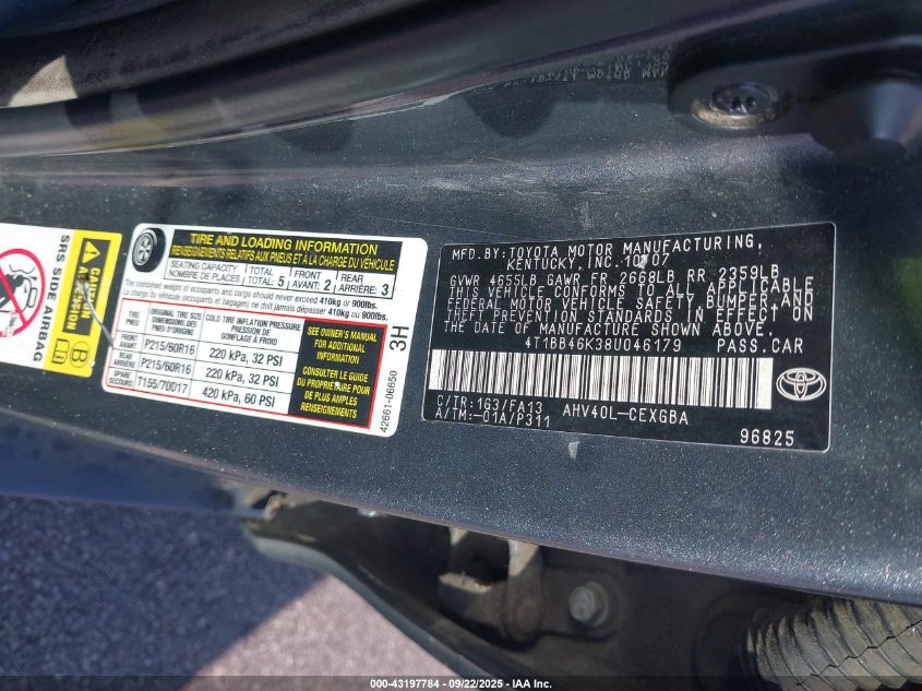 2008 Toyota Camry Hybrid VIN: 4T1BB46K38U046179 Lot: 43197784