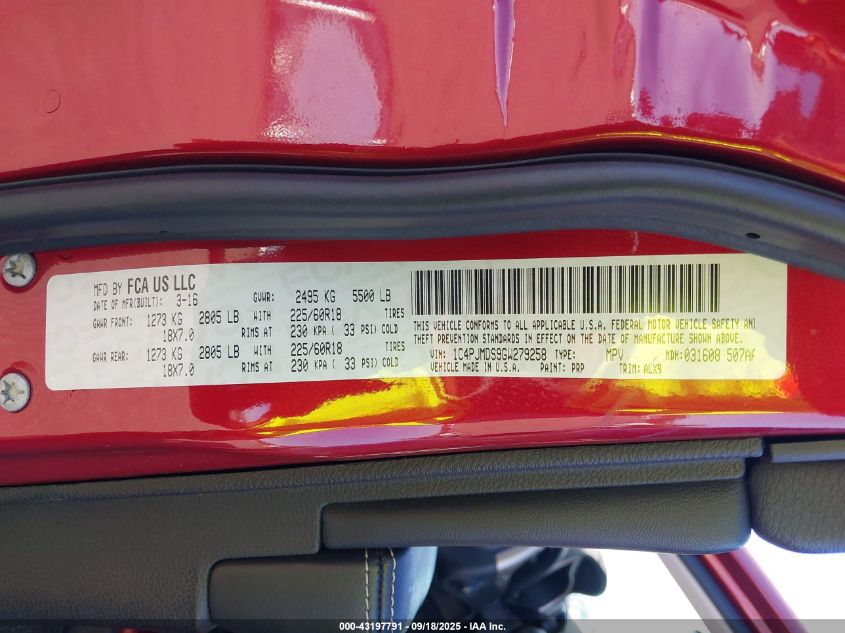 2016 Jeep Cherokee Limited VIN: 1C4PJMDS9GW279258 Lot: 43197791