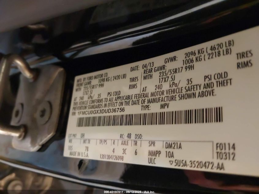 2013 Ford Escape Se VIN: 1FMCU0GX3DUD36756 Lot: 43197811