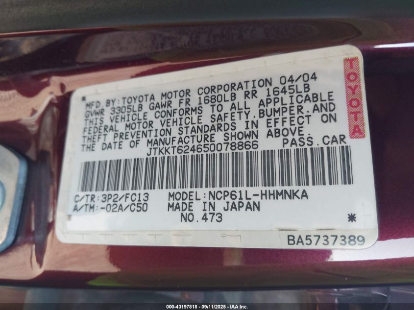 2005 Scion Xa VIN: JTKKT624650078866 Lot: 43197818